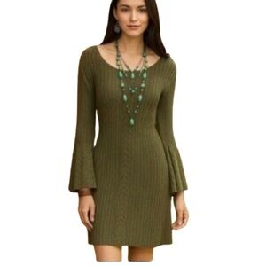 Sundance Olive Green Knit Sweater Dress Silk & Cotton Blend Bell Sleeves